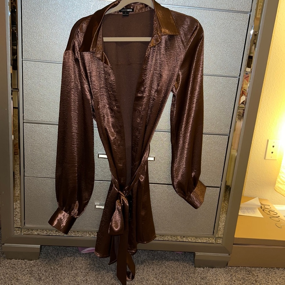 Brown satin button down dress